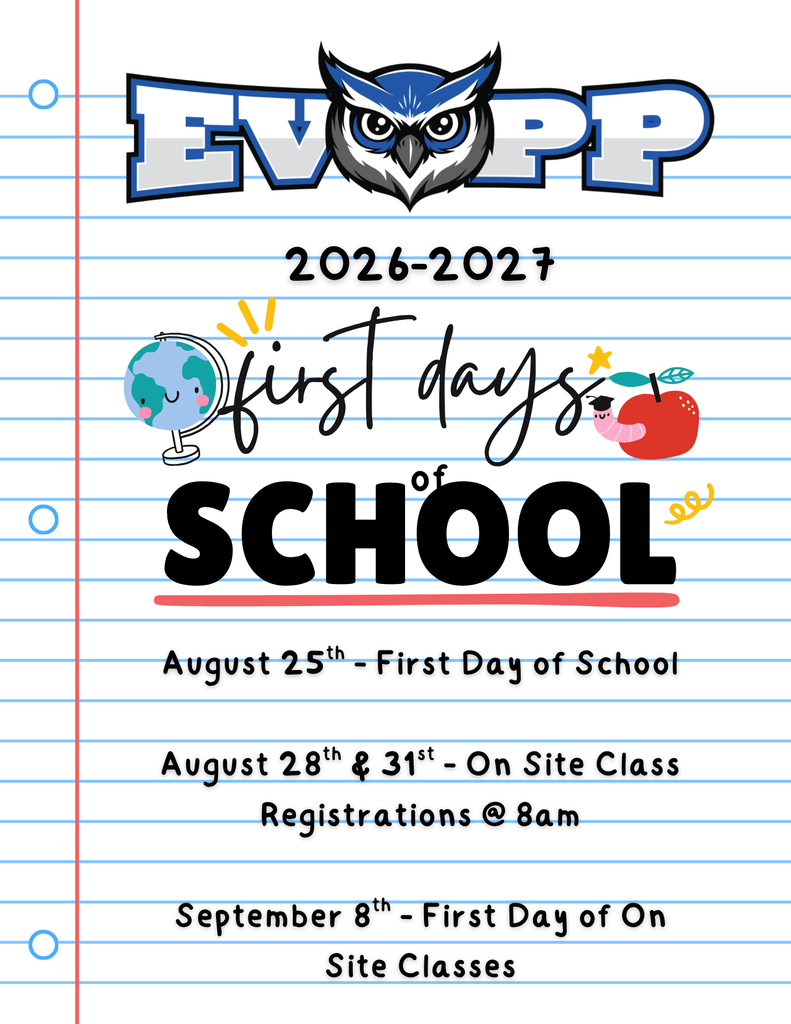 Document with a blue and white background featuring an owl and school items. It reads "EVPP 2026-2027 First Days of School".