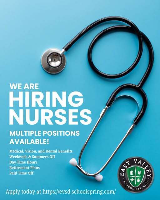 Blue background with a stethoscope. Text reads, "We are hiring nurses. Multiple positions available." Benefits listed below.