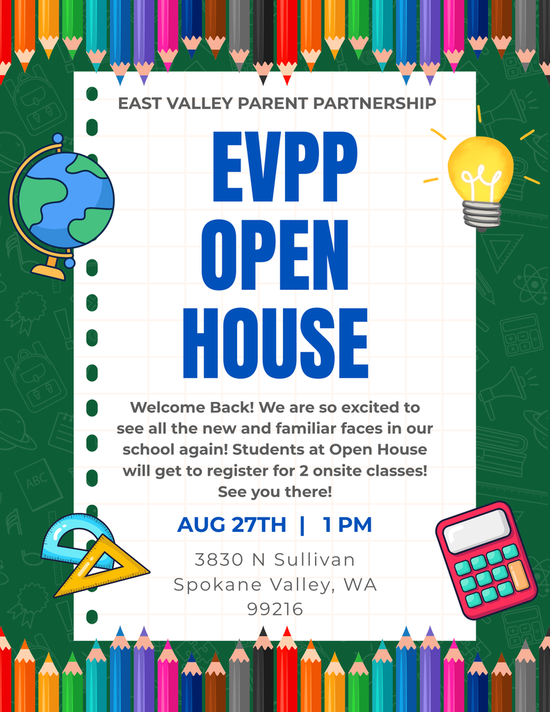 Flyer with "EVPP Open House" in blue, light bulb, globe, and calculator icons. Green background.
