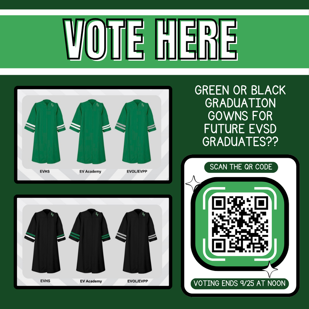 Poster with two designs of green and black graduation gowns. The text reads "Vote Here" above the gowns. QR code for voting is below.
