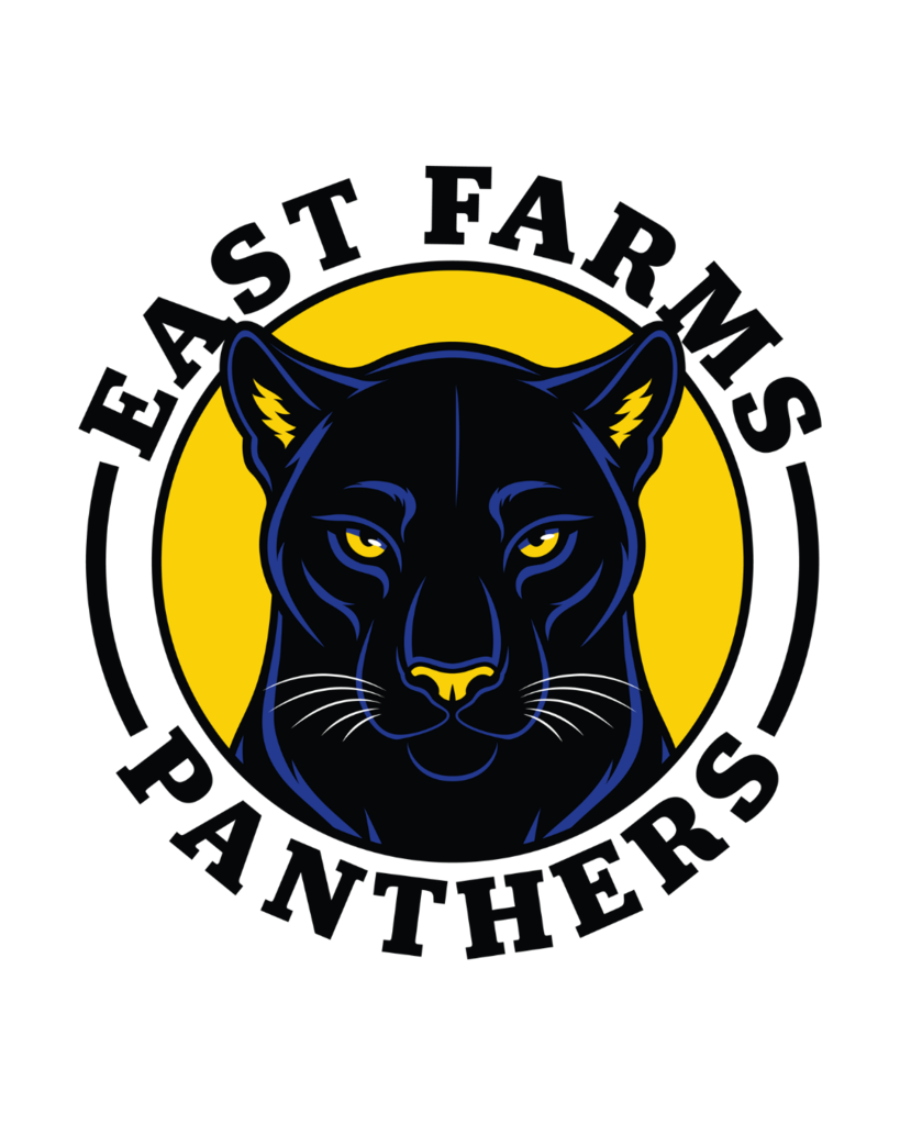 A black panther's face within a yellow circle, with white accents and yellow eyes. Text around the circle reads "EAST FARMERS ATHLETES".
