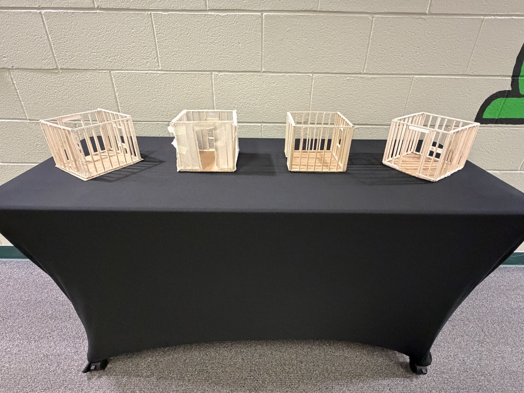 Four small, white cages sit on a black tablecloth on a table in a room. A white wall with a green leaf logo is behind.