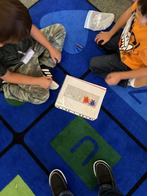 Two children sit on a blue carpet, focusing on an activity involving a book and colored objects.
