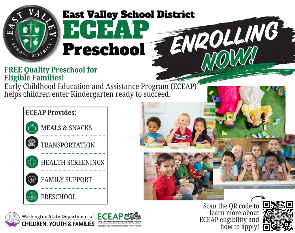 Advertisement for East Valley School District's ECAEP Preschool. Features images of children, a QR code, and services like meals, transportation, health screenings, and family support.