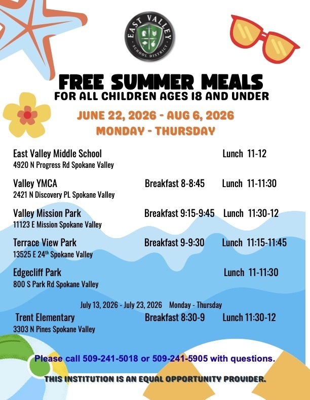 Flyer listing east valley's free summer meal locations, times, and meals