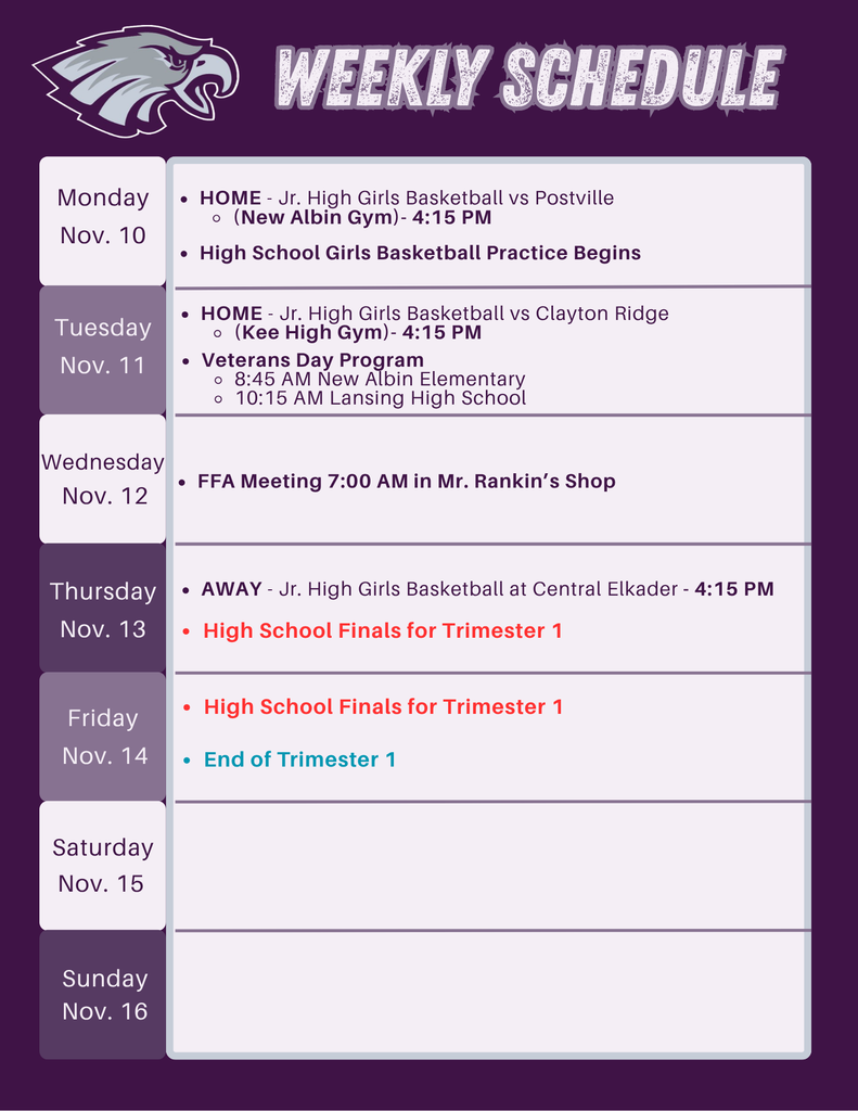 Weekly Schedule Week 12