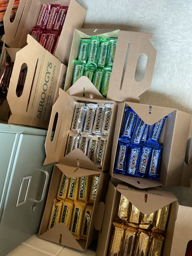 Seroogys chocolate bar: plain, crispy, almond, mint peanut butter, mocha and shock rock