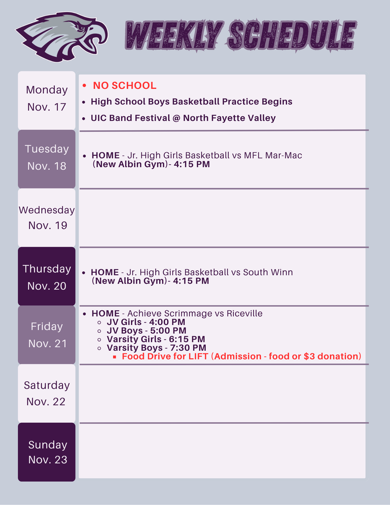 Weekly Schedule Week 13