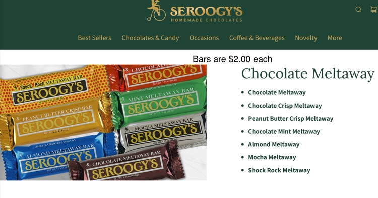Pictures and names of candy bars for sale $2.00 each
