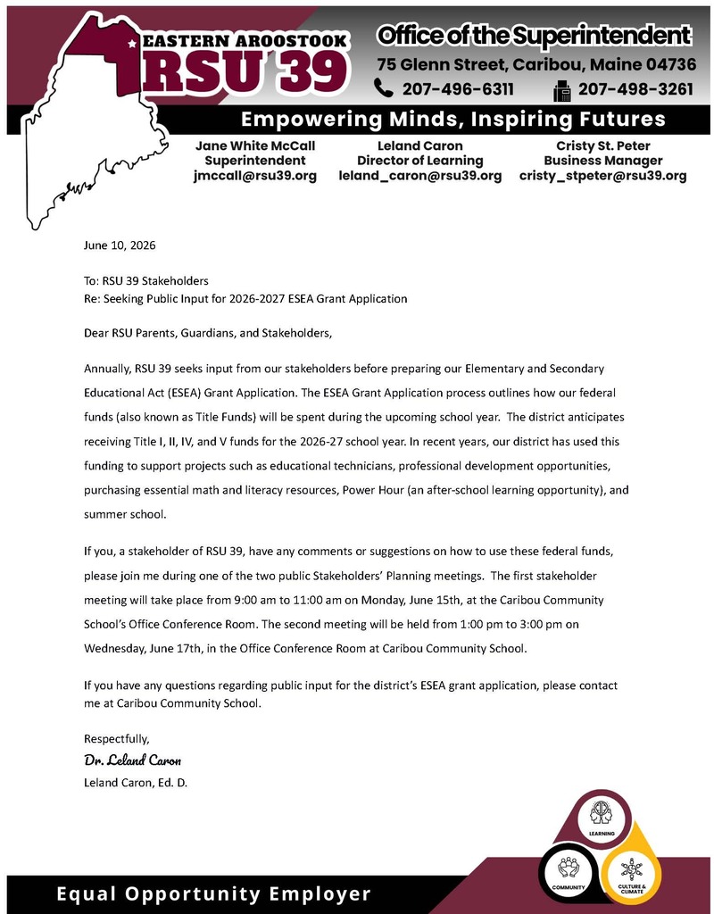 Seeking Public Input for 2026-2027 ESEA Grant Application Letter