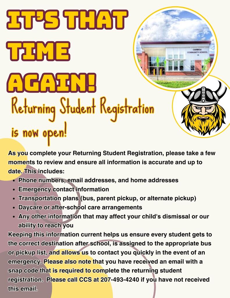 Returning Student Registration is open! If you have not received your child's snap code for returning student registration, please email terry_huston@rsu39.org