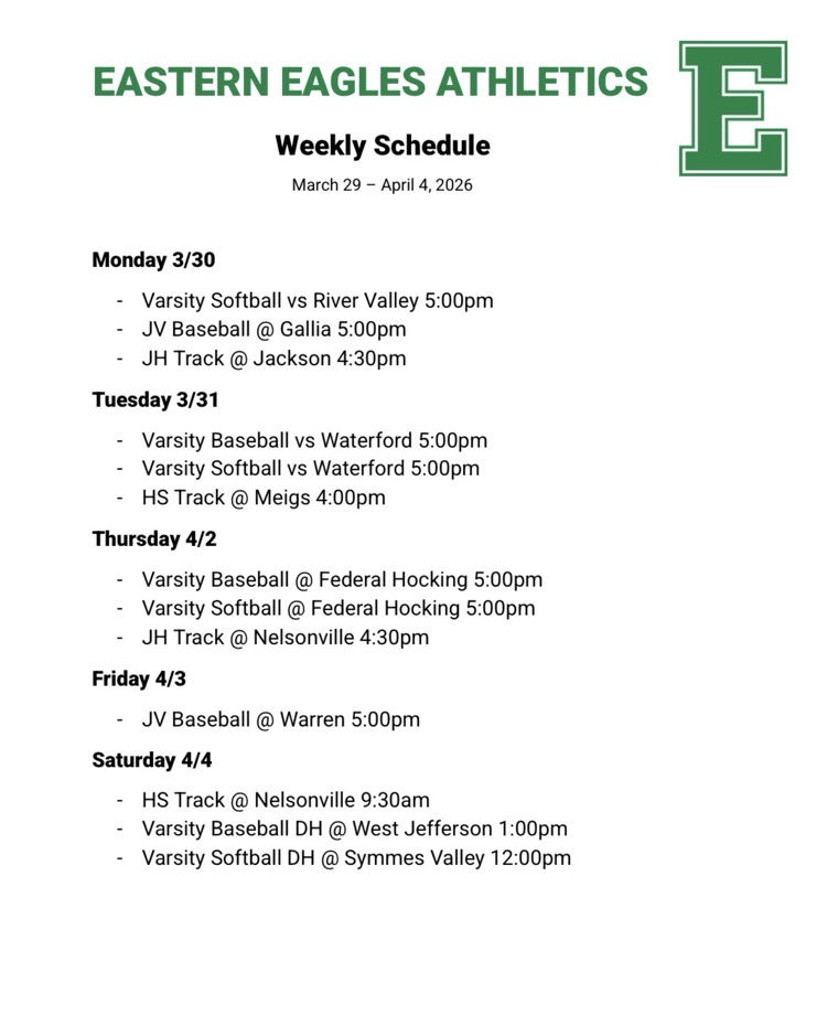 Athletics schedule for 3/29-4/4