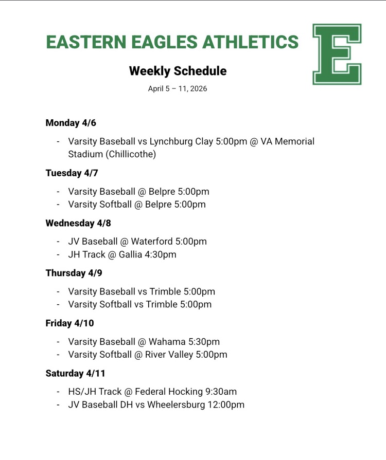 Athletics schedule for 4/5-11