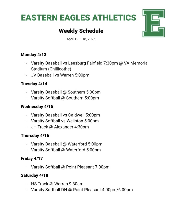 Athletics schedule for 4/12-18