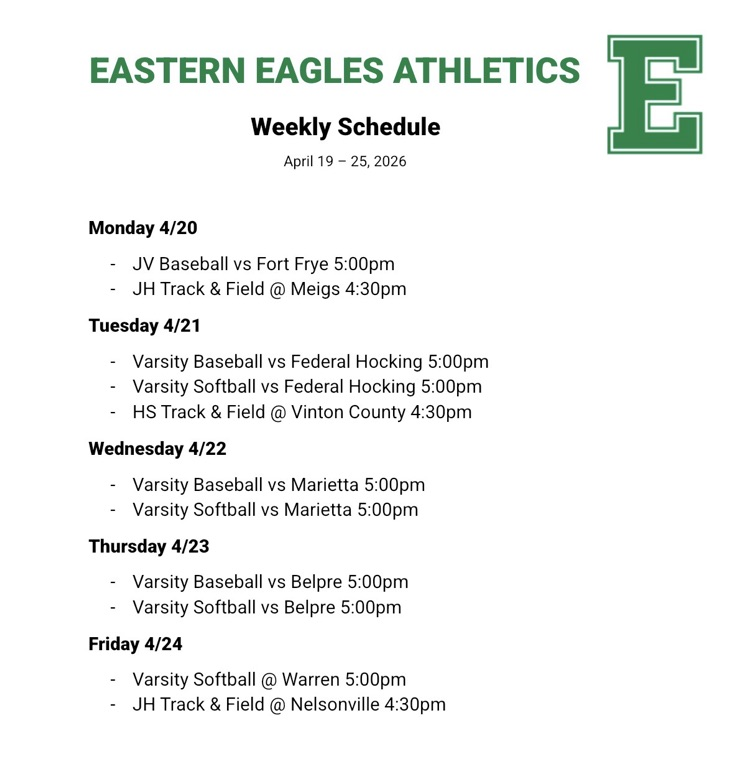 Athletics schedule for 4/19-25
