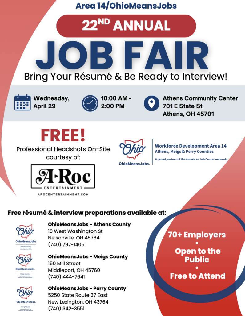 On Wednesday morning Juniors and Seniors will attend the Area 14/Ohio Means Jobs annual job fair at the Athens Community Center. 
