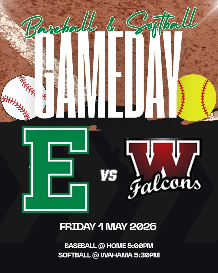It's Game Day!   Softball travels to Wahama at 5:30pm.  Baseball hosts Wahama at home at 5:00pm.   Go Eagles!