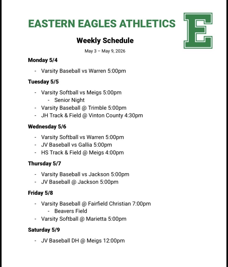 athletics schedule for 5/2-9