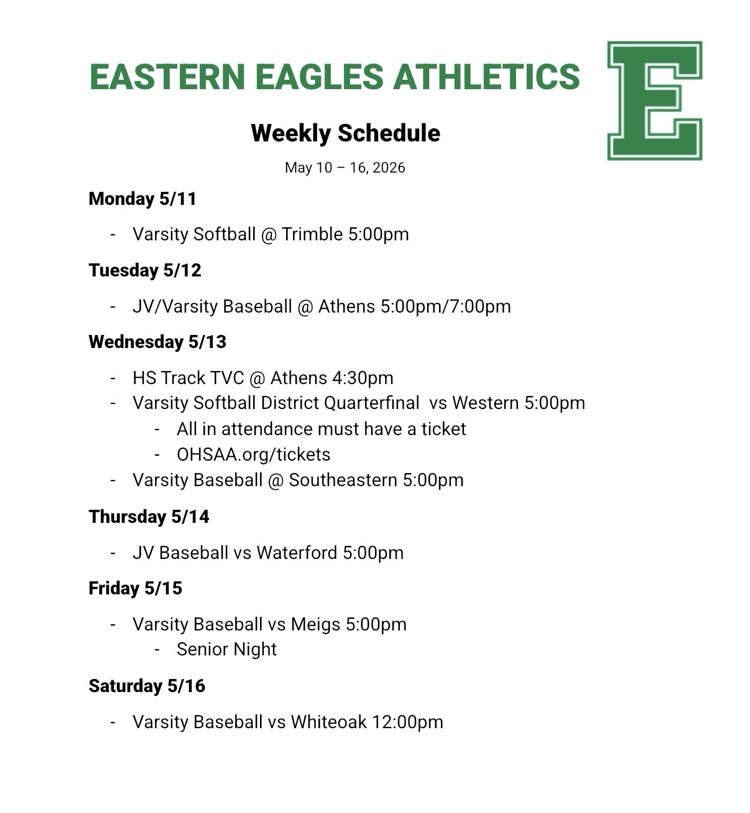 athletics schedule for 5/10-16