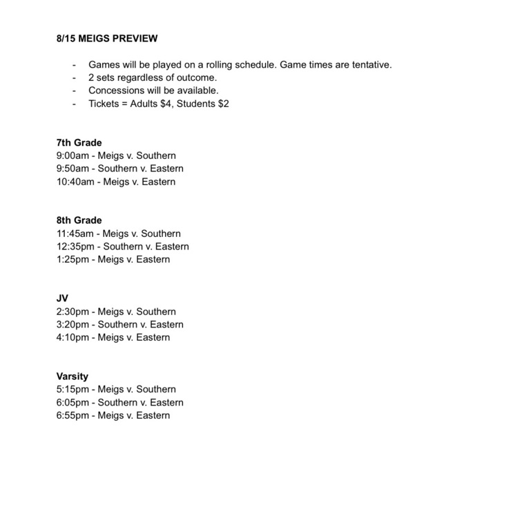 Meigs Preview Schedule