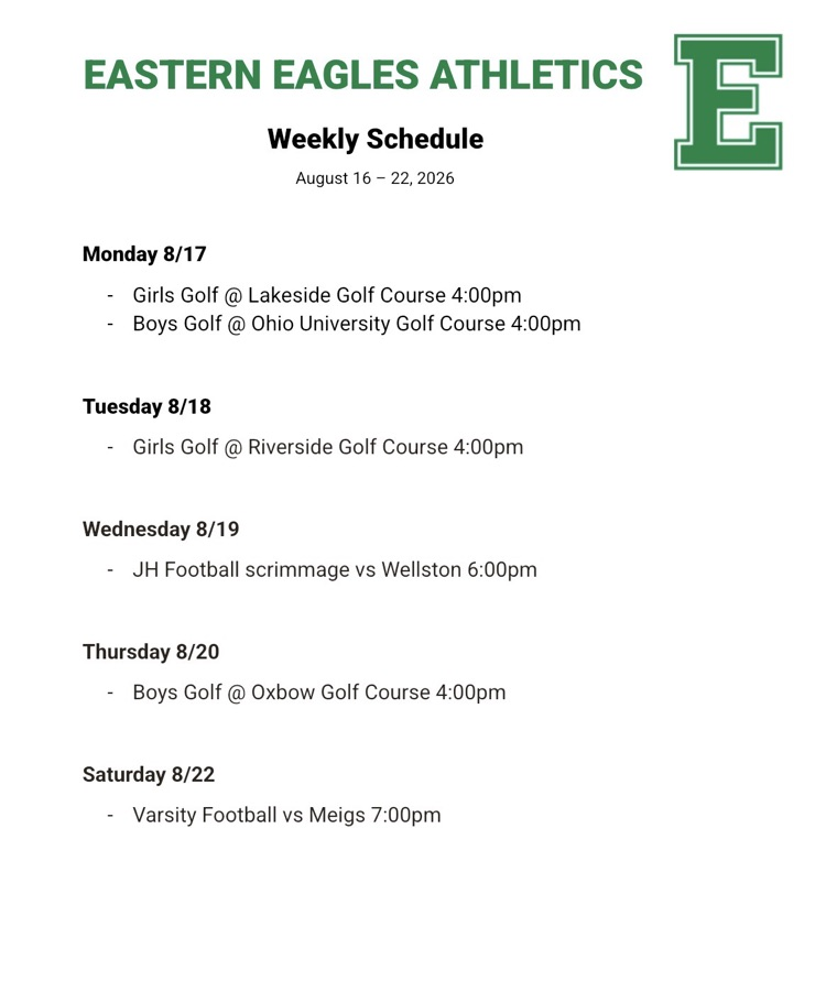 Athletics schedule for 8/16-22