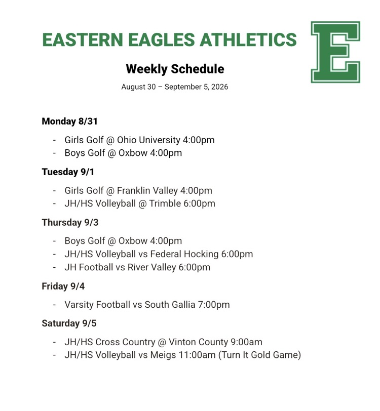 Athletics schedule for 8/30-9/5