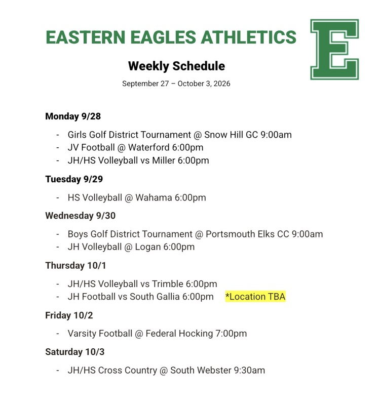 Athletics schedule for 8/27-10/3  *JH FB location for Thursdays game will be announced ASAP