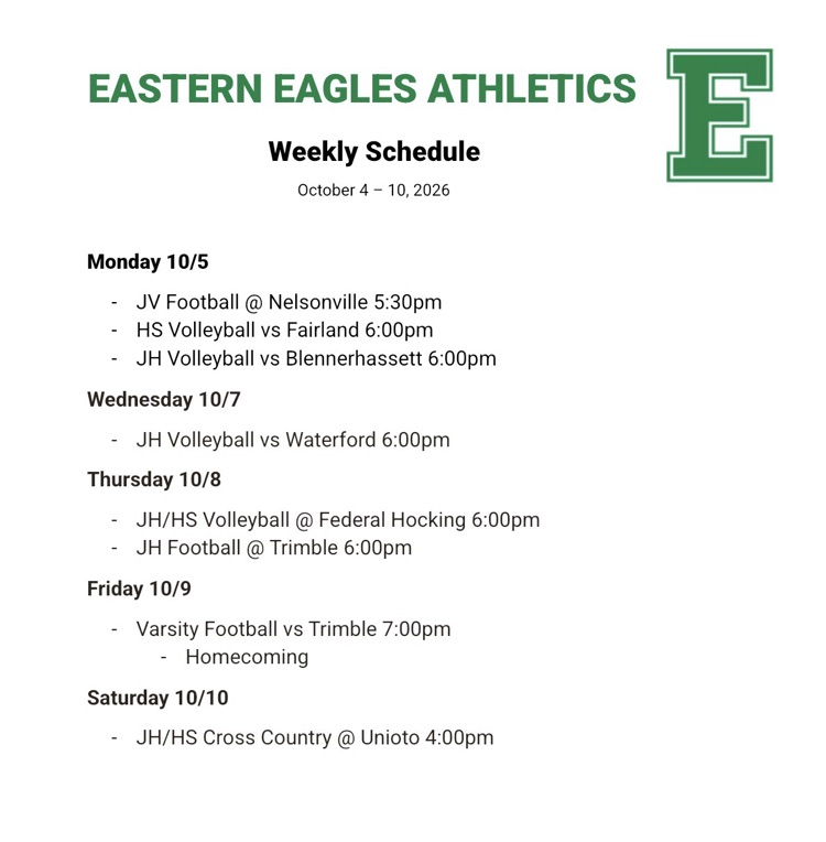 athletics schedule for 10/4-10