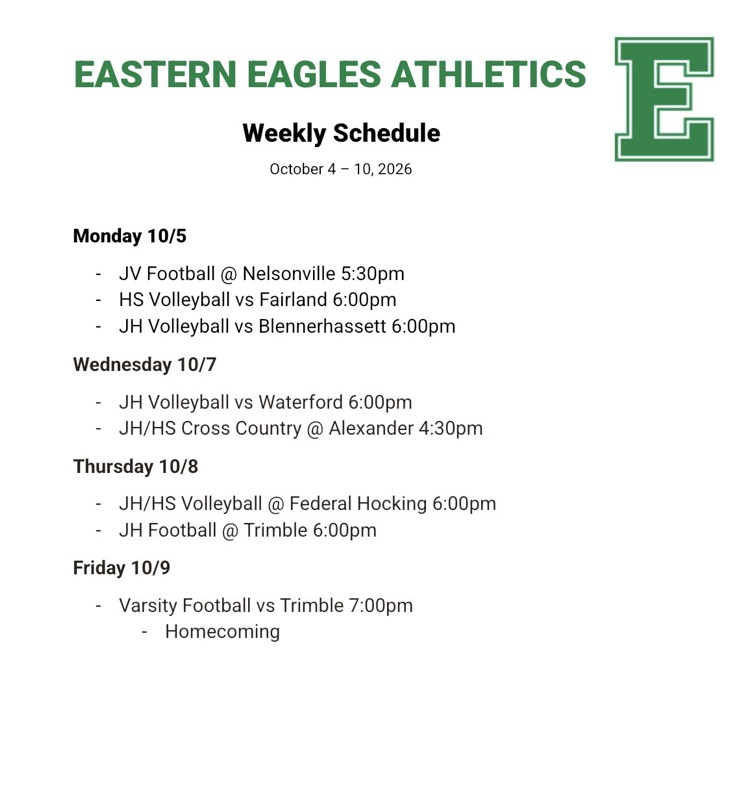 Athletics schedule for 10/4-10