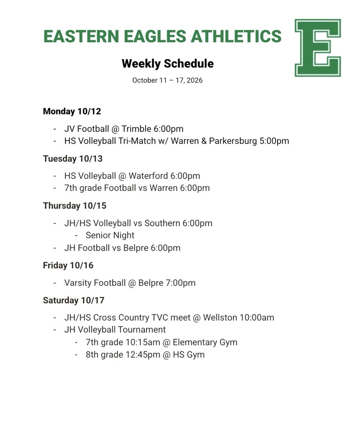 Athletics schedule for 10/11-17