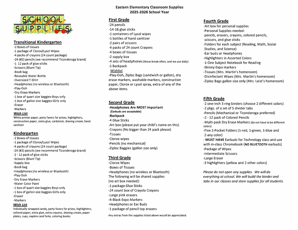 25–26 School Classroom Supply List