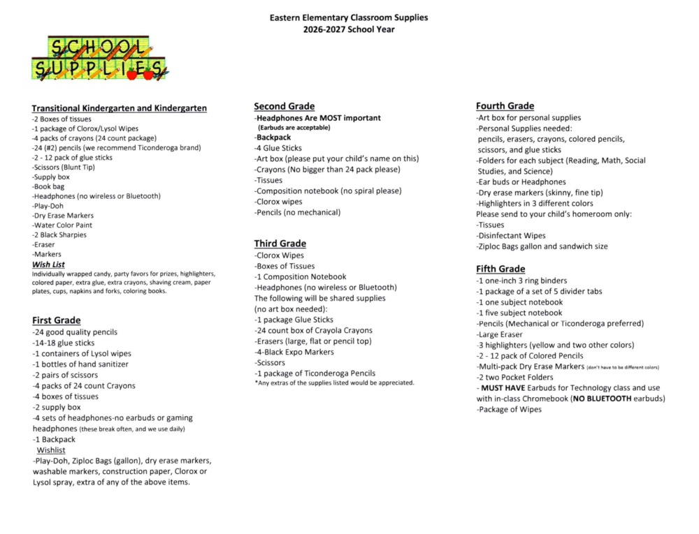 Elementary Supplies List