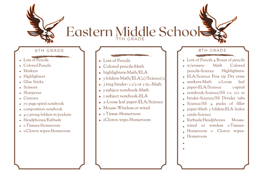 Eastern Middle School Classroom Supplies List for the 2025–2026 School Year