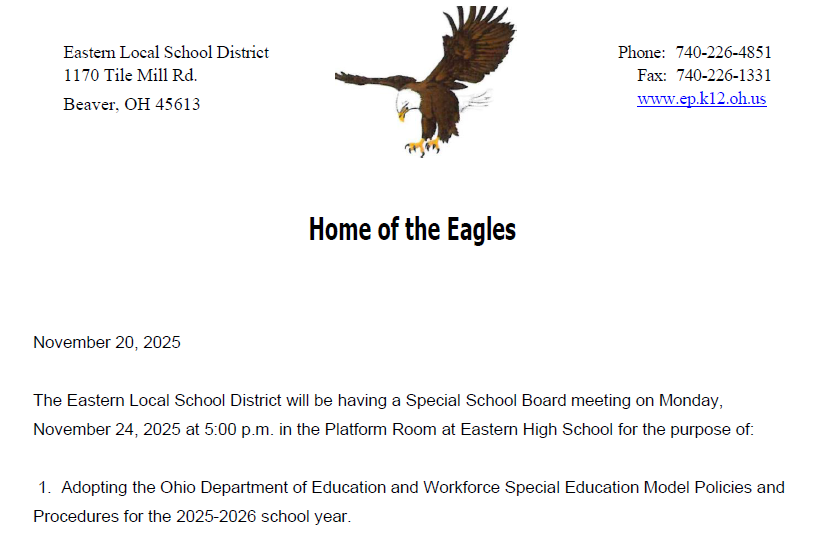 Special School Board meeting on Monday, November 24, 2025 at 5:00 p.m