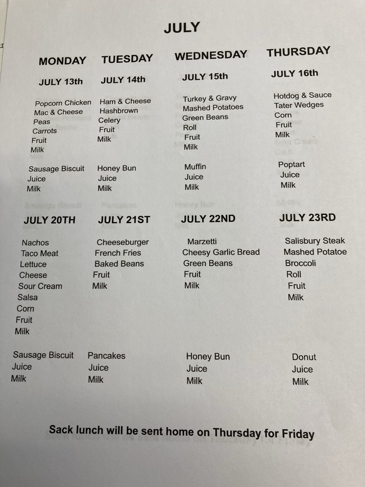 July - August menus