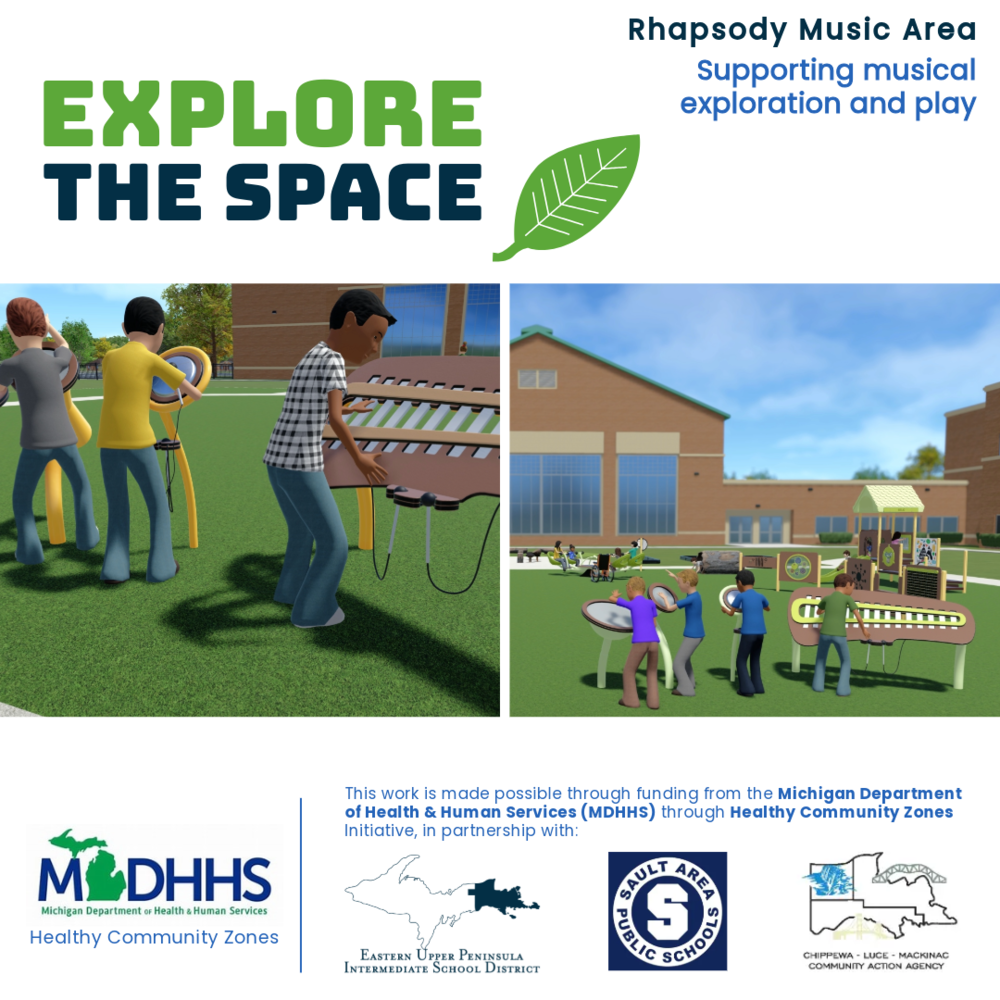 Explore the space. Rhapsody music area. Supporting musical exploration and play. This post shows two picutes. The first has three kids. One playing a xylophone and the other two playing drums. The second picture is a a zoomed out version of the first. This work is made possible through funding from the Michigan Department of Health Human Services (MDHHS) through Healthy Community Zones Initiative, in partnership with: Eastern Upper Peninsula Intermediate School District, Sault Area Public Schools, and Chippewa Luce Mackinac Community Action Agency.
