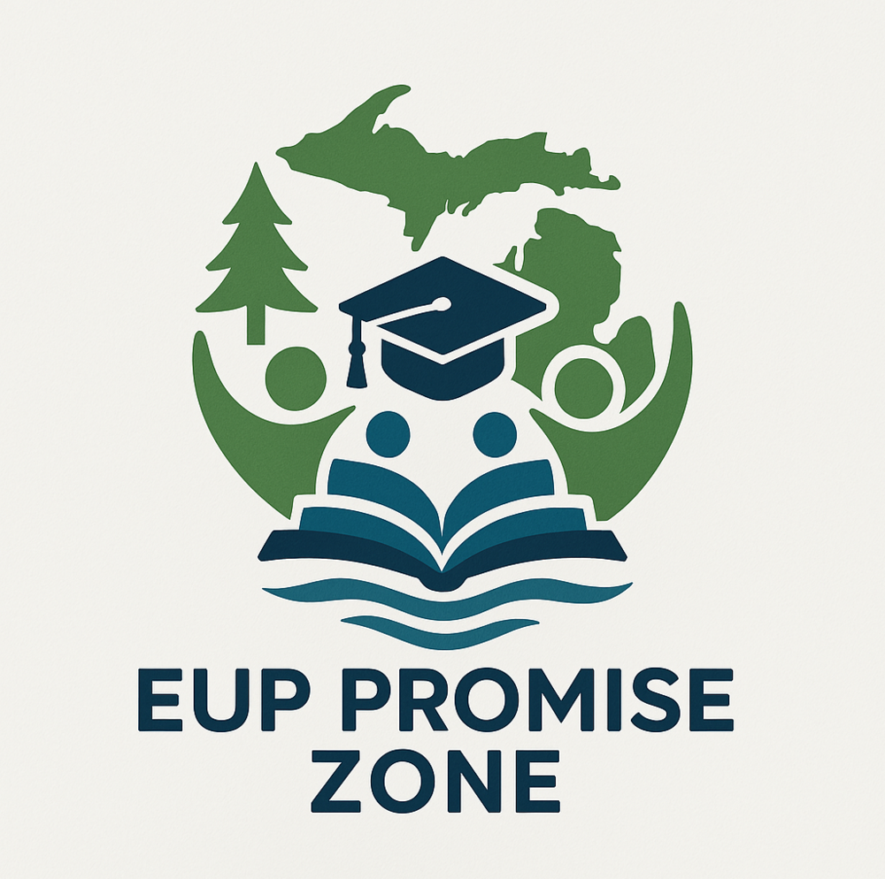 image shows eup promise zone with the  up, a graduation cap, two people, with a book, the state of michigan, and a tree. 