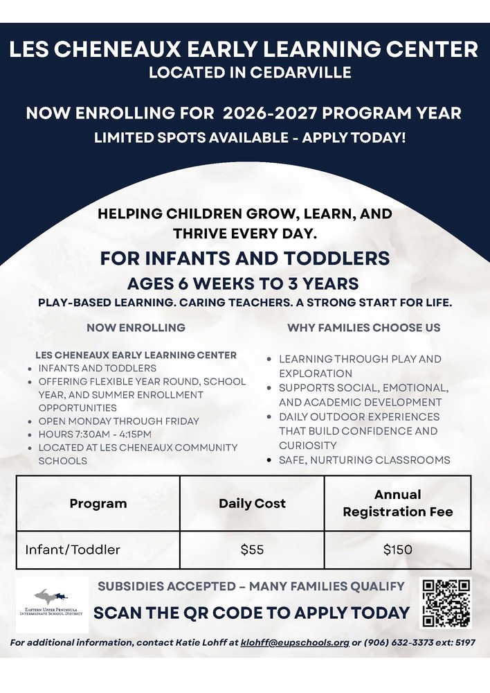 Flyer providing details and contact information for Les Cheneaux Early Learning Center. Text of flyer found in content of this article.