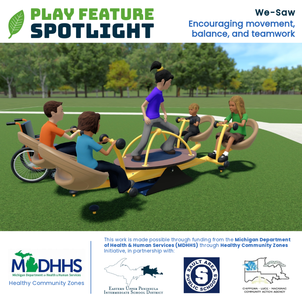 Play Feature Spotlight. We-Saw. Encouraging movement, balance, and teamwork. This post shows children of different ages and abilities playing on a we-saw. This work is made possible through funding from the Michigan Department of Health Human Services (MDHHS) through Healthy Community Zones Initiative, in partnership with: Eastern Upper Peninsula Intermediate School District, Sault Area Public Schools, and Chippewa Luce Mackinac Community Action Agency.
