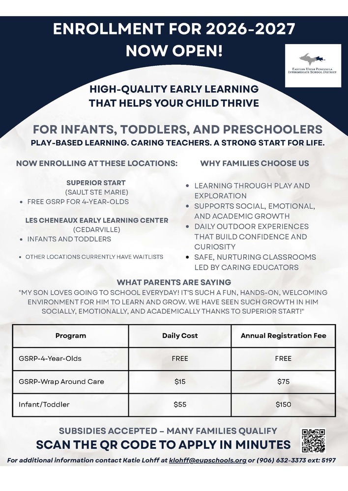 Flyer providing details and contact information for a 2026-2027 Enrollment. Text on flyer found in content of this article.