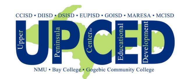 "Logo for the Upper Peninsula Center for Educational Development (UPCED). The large blue letters 'UPCED' appear over a green silhouette of Michigan’s Upper Peninsula. The words 'Upper Peninsula Center for Educational Development' are written vertically and horizontally within the letters. Across the top are abbreviations of partnering intermediate school districts: CCISD, DIISD, DSISD, EUPISD, GOISD, MARESA, and MCISD. Along the bottom are partner institutions: NMU, Bay College, and Gogebic Community College."