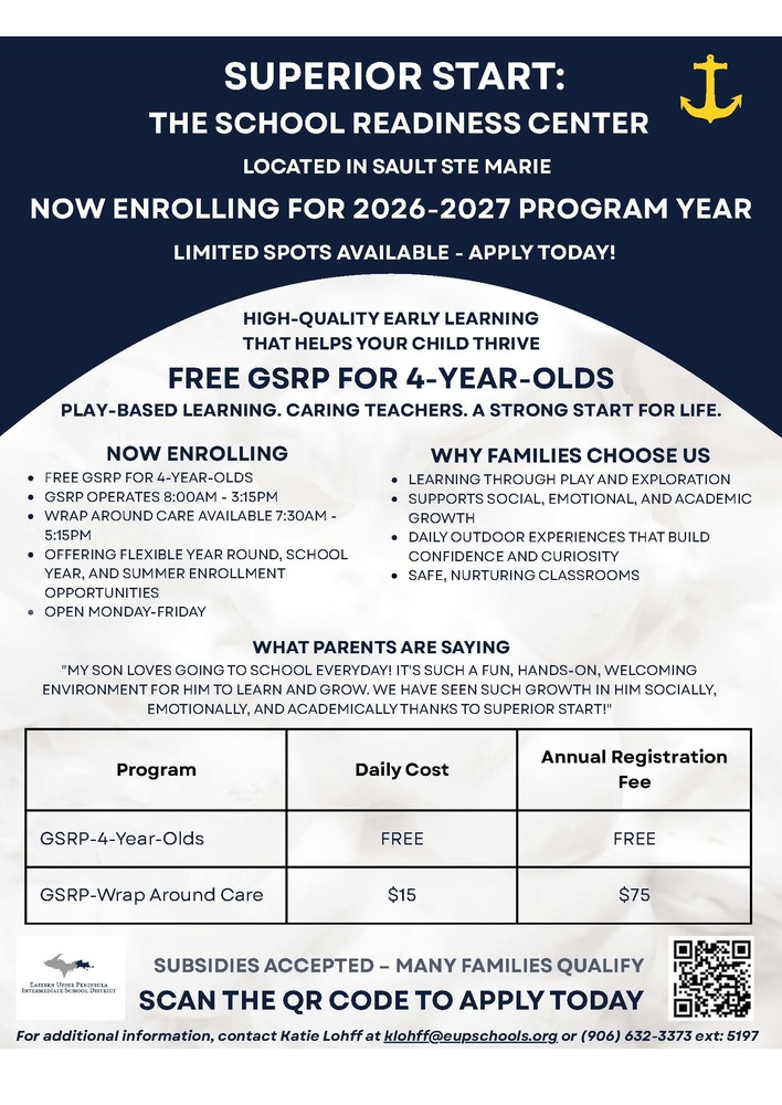 Flyer providing details and contact information for Superior Start GSRP. Text of flyer found in content of this article.