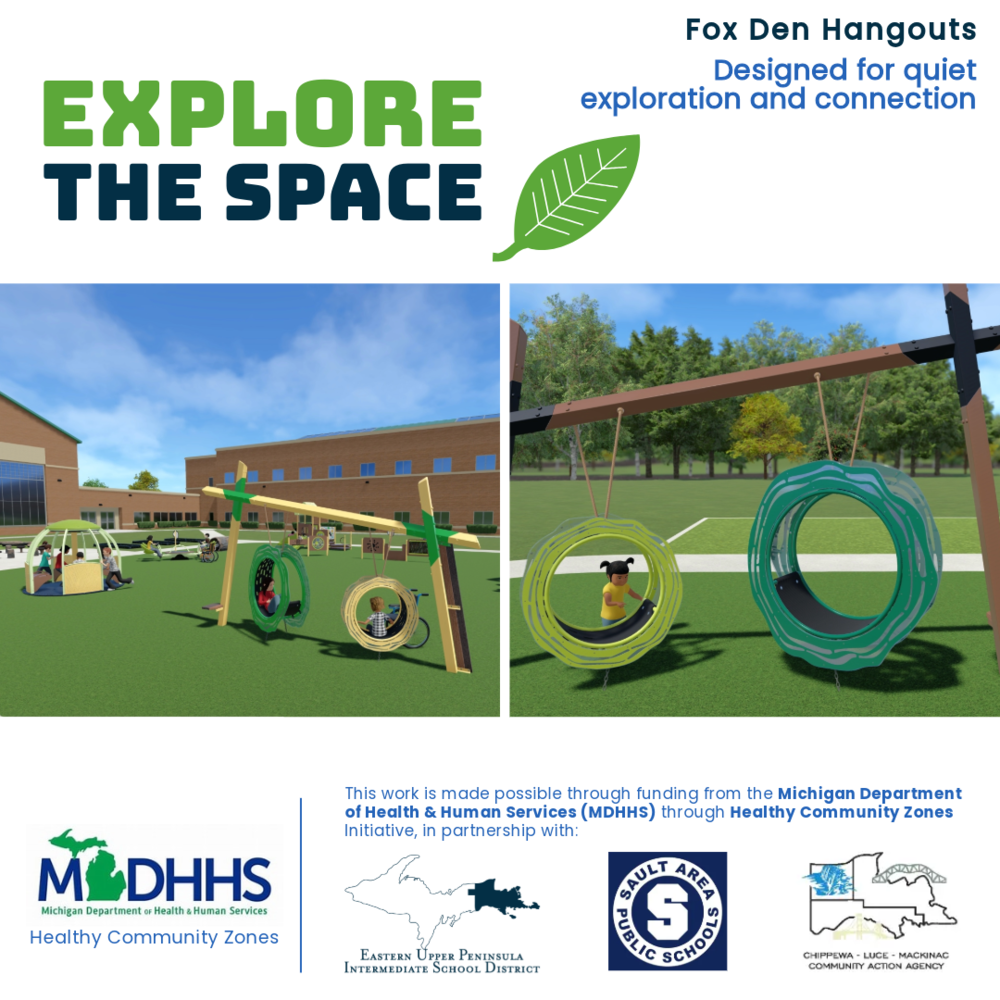 Explore the space. Fox den hangouts. Designed for quiet exploration and connection. This post shows two pictures of circle fox den hangouts in the grass. This work is made possible through funding from the Michigan Department of Health Human Services (MDHHS) through Healthy Community Zones Initiative, in partnership with: Eastern Upper Peninsula Intermediate School District, Sault Area Public Schools, and Chippewa Luce Mackinac Community Action Agency.