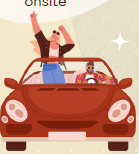 Red convertible car with top down and passenger waiving celebratory hands in the air
