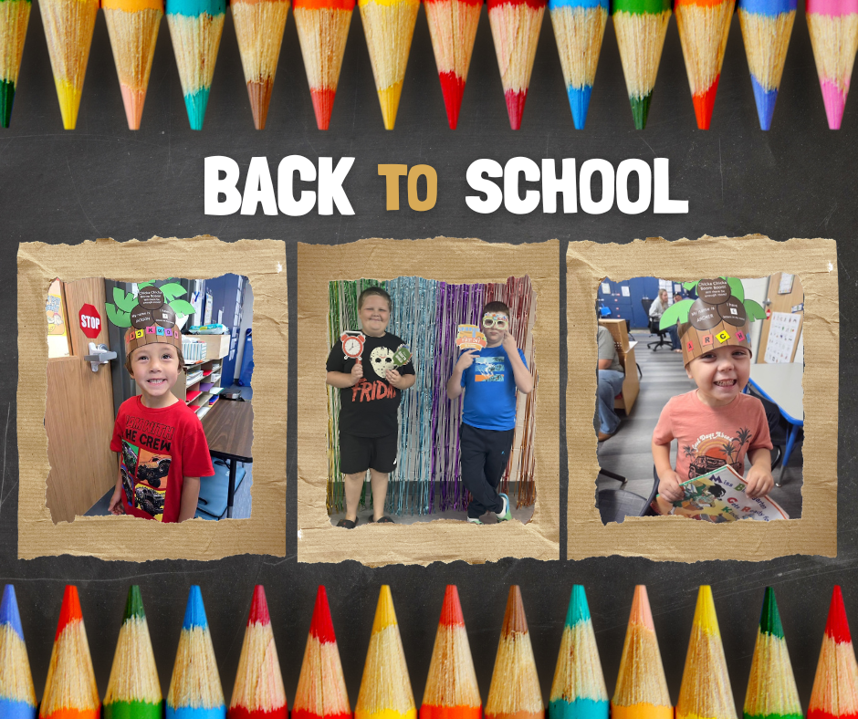 Colorful pencils accent an image with pics of 4 young, smiling students enjoying the return to school.