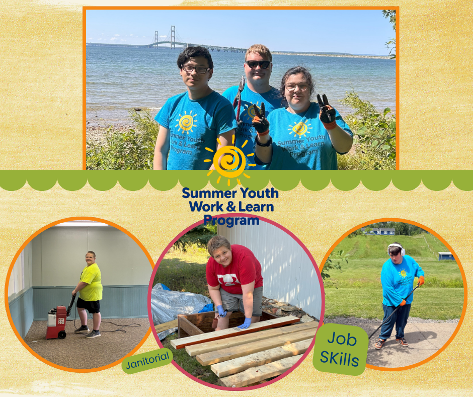 Collage of photos of students with disabilities engaged in various activities - steaming a floor, painting, power washing and posing by the lake with the Mackinac Bridge in the background.