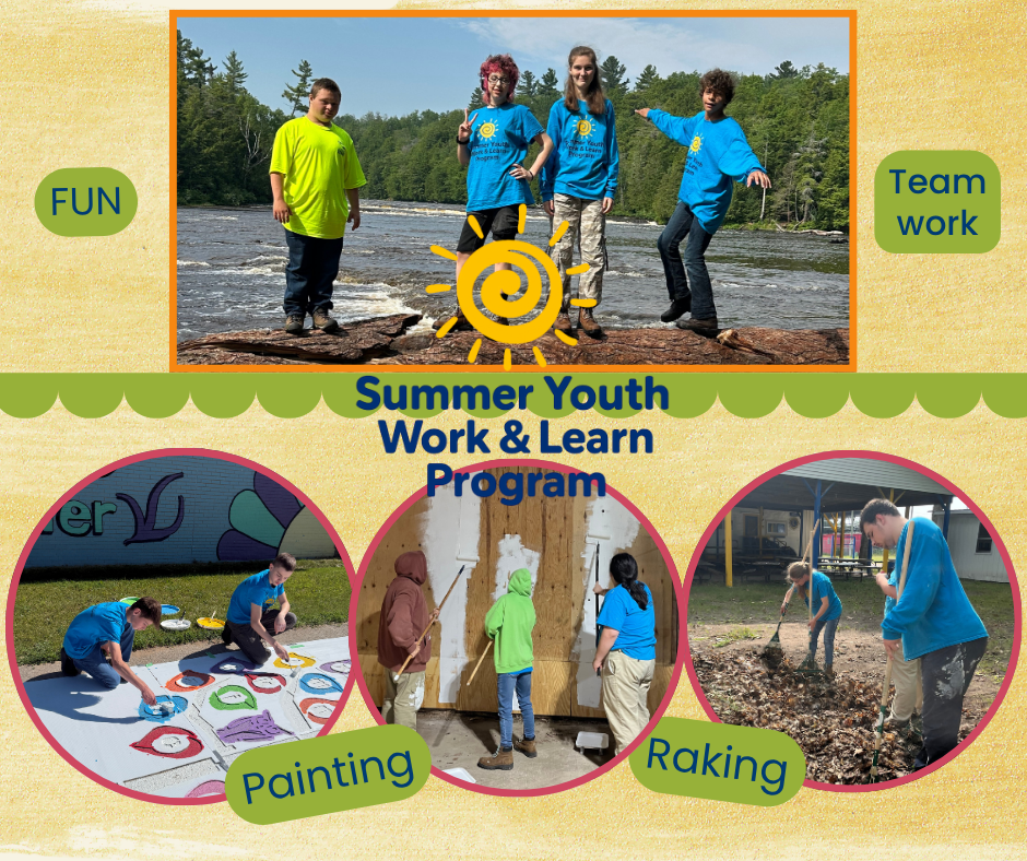 Collage of photos of students with disabilities engaged in various activities - painting, raking, posing by a river.