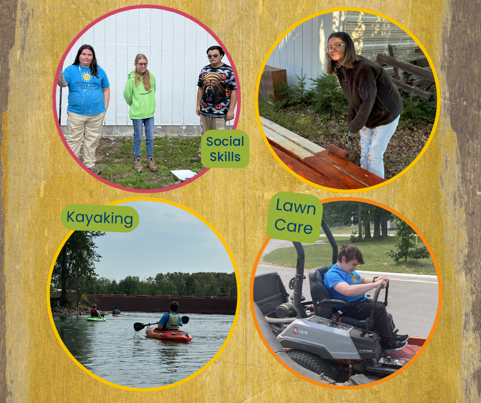Collage of photos of students with disabilities engaged in various activities - painting, kayaking, driving a riding lawn mower.