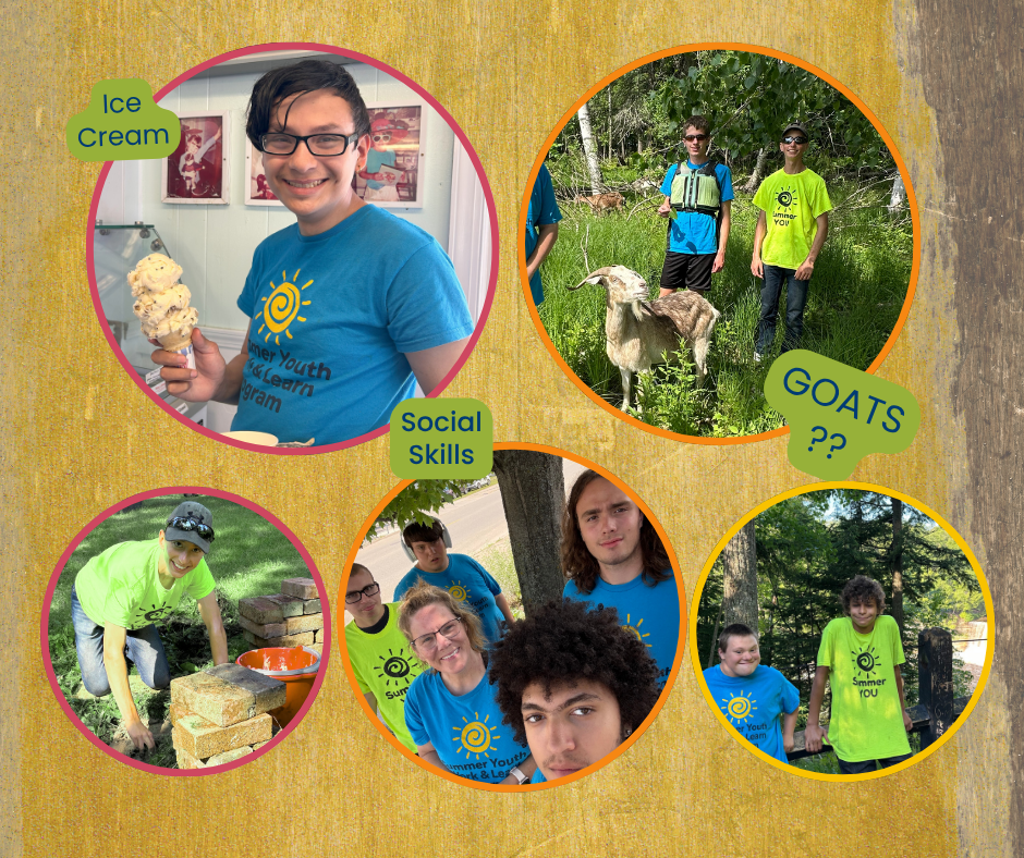Collage of photos of students with disabilities engaged in various activities - eating ice cream, stacking bricks, posing with a goat and posing in front of Tahquamenon Falls.