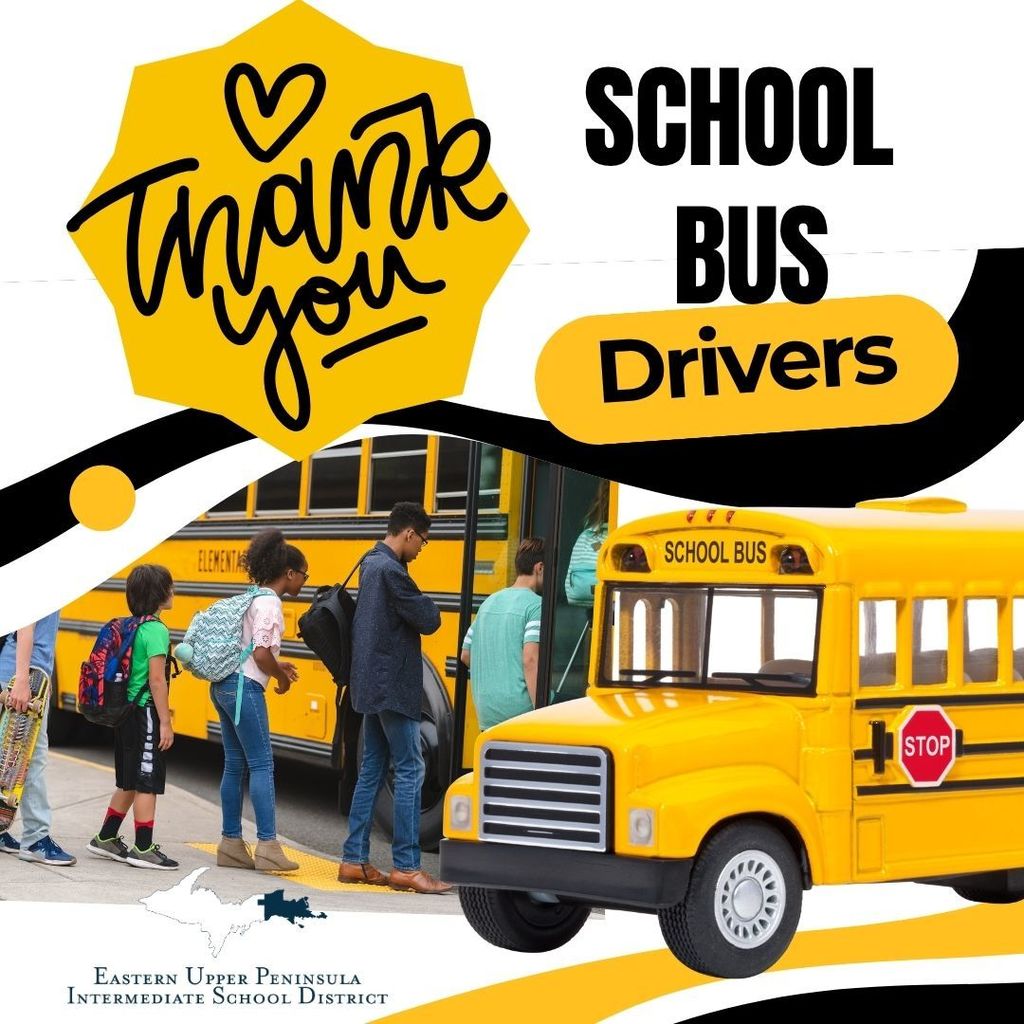 Graphic of a yellow school bus and a photo of kids boarding a bus. Text says "Thank you School Bus Drivers."